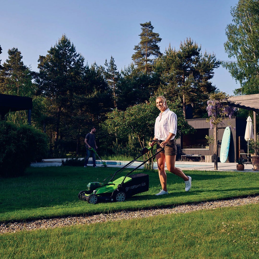 48V (2 x 24V) 36cm Lawn Mower &amp; 24V 25cm Line Trimmer with Two 4Ah Batteries &amp; Twin Charger