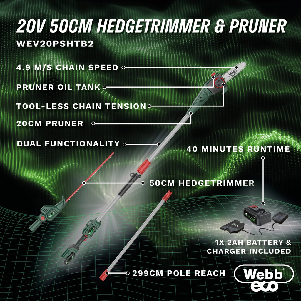 Webb 20V 50cm (20") Cordless Long Reach Hedge Trimmer & Pruner attachment (Tool Only)