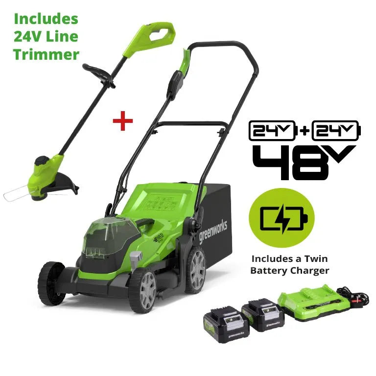 48V (2 x 24V) 36cm Lawn Mower &amp; 24V 25cm Line Trimmer with Two 4Ah Batteries &amp; Twin Charger