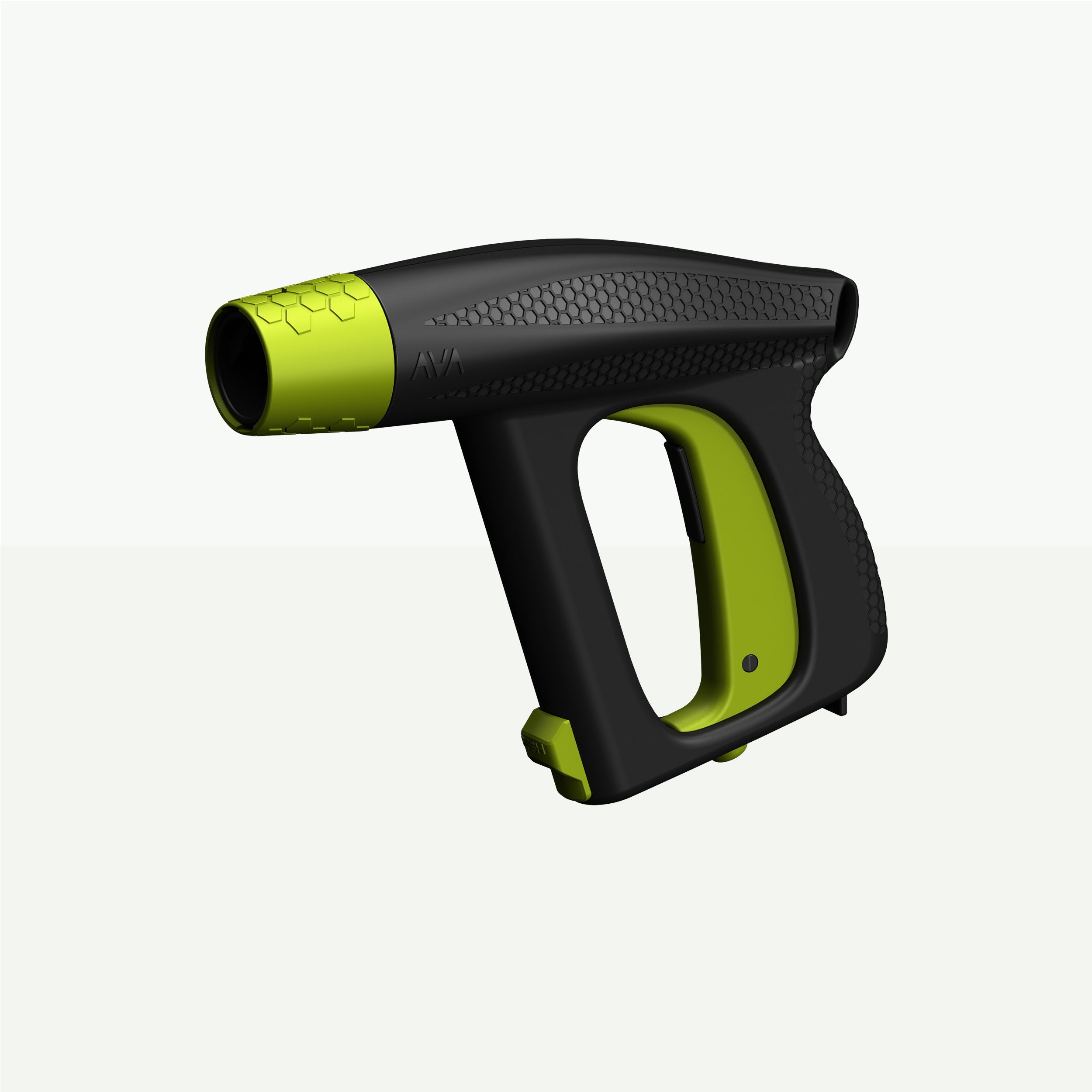 Black and green pressure washer gun with a green trigger and a green  button labeled 