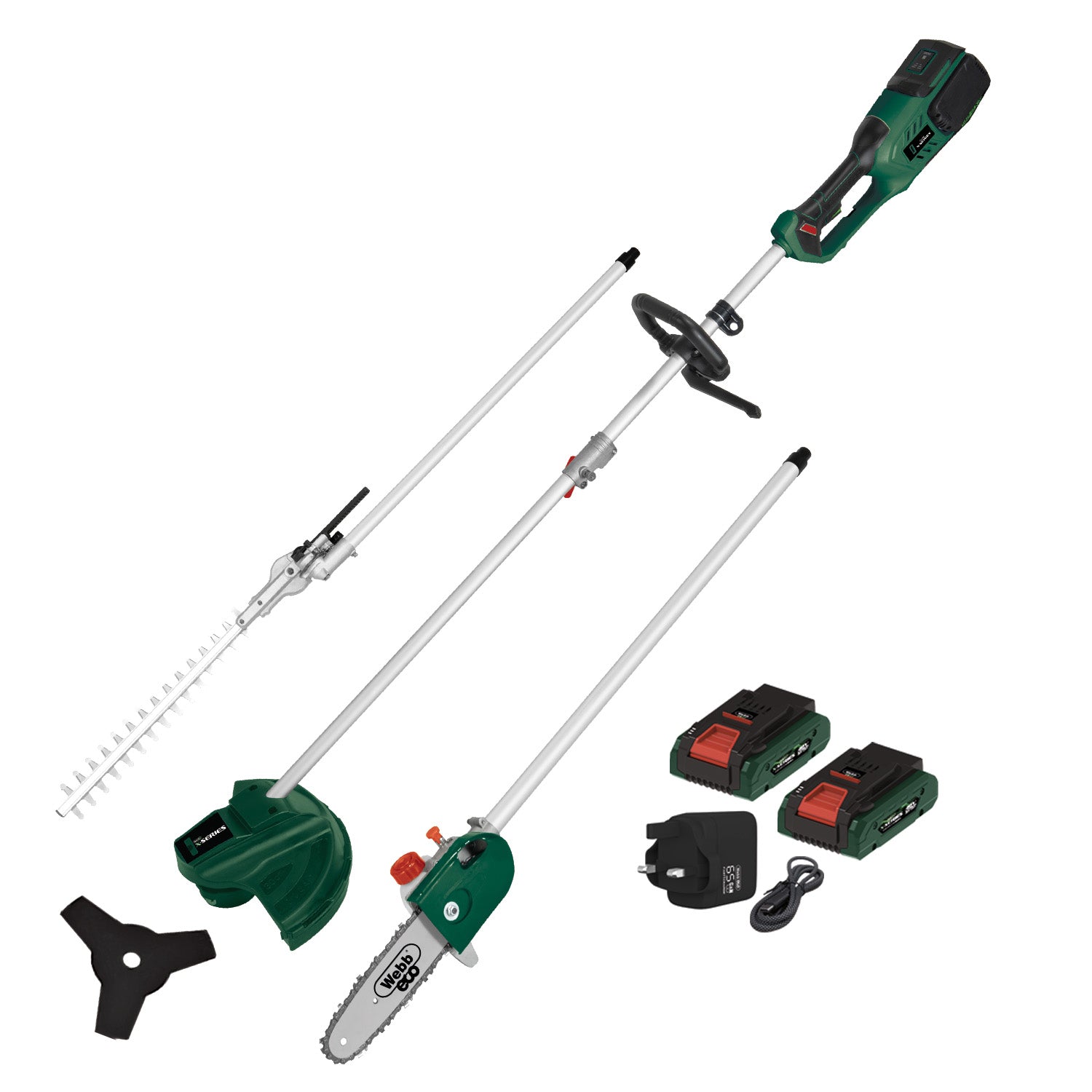 Webb 40V (2 X 20V) Cordless Brushless Multi-Tool With 2 x 20v 4ah Batteries & Charger (Includes Pole Saw, Hedge Trimmer, Line Trimmer & BC Blade) (NEW)